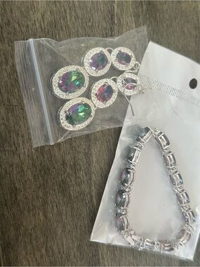 Silver-Tone Multicolor Crystal Drop Earrings and Bracelet Set